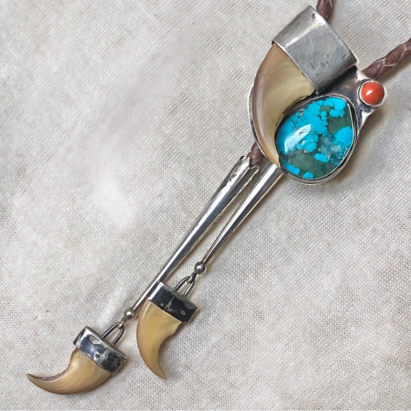 Vintage Native American Sterling Bennett Turquoise Carnelian Talon Claw Bolo - Picture 8 of 14